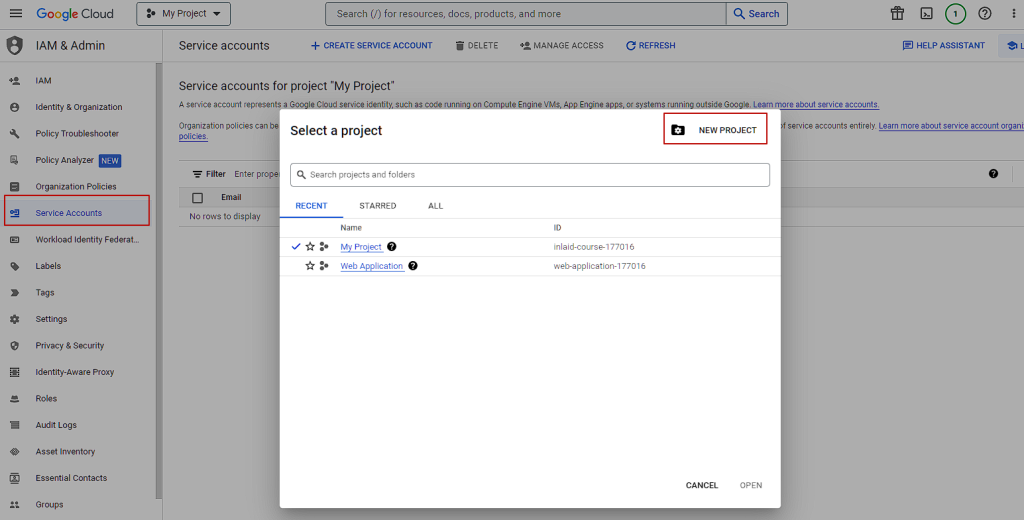Service accounts – My Project – Google Cloud console