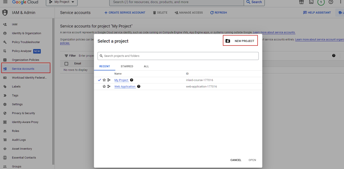 Service accounts – My Project – Google Cloud console